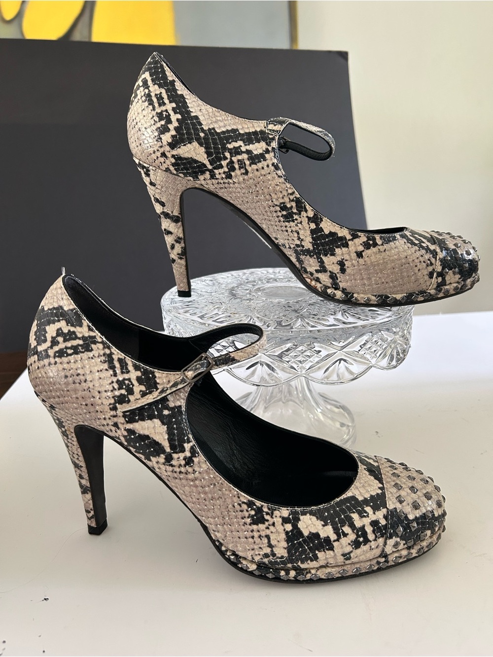 Women's DKNY Snakeskin Mary Jane Pumps - Neutral Black & Cream with studded toe